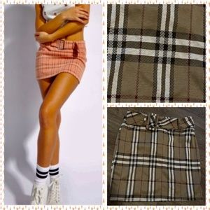 NWT Brown Plaid Print Belted Mini Skirt sz M